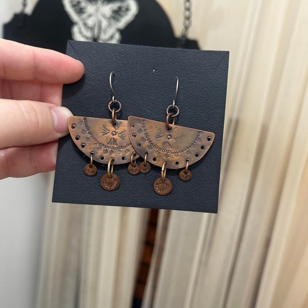 Handmade Copper Embossed Dangle Drop Earrings